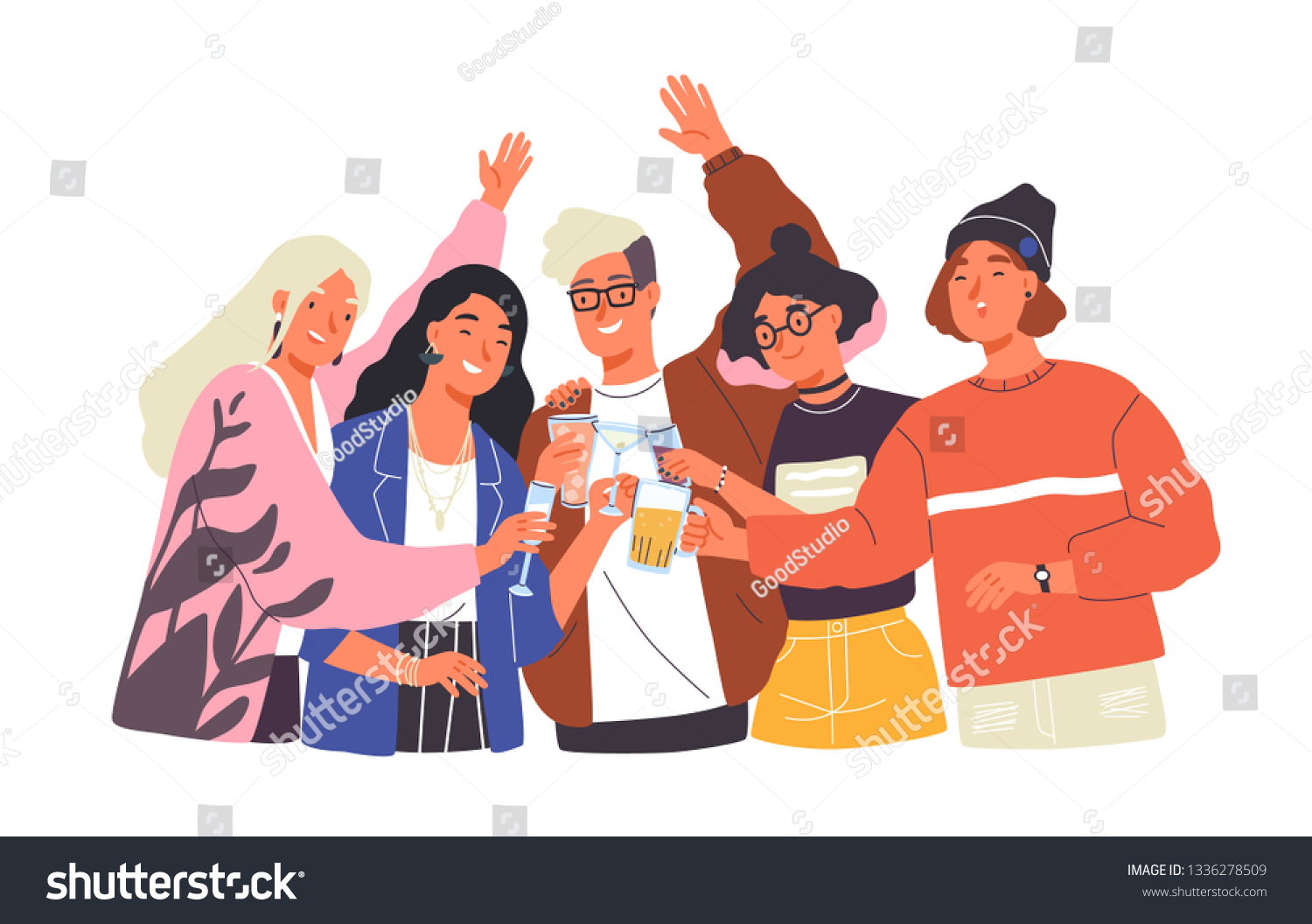Group of happy boys and girls clinking glasses and drinking alcohol at celebratory party. Portrait of cute joyful friends celebrating together. Colorful vector illustration in flat cartoon style.
