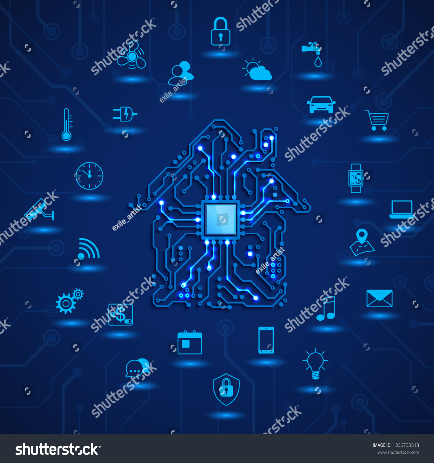 Smart house or IOT concept. Remote monitoring and control smart house. House circuit and smart home function icons. Vector illustration on blue background
