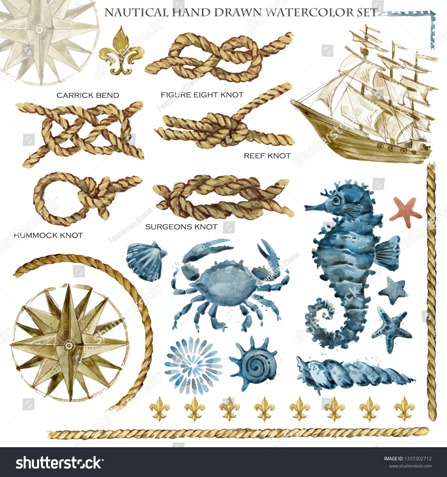 Nautical Set Rope Knots Watercolor Sea Nature Elements Vintage Ship Marine Collection 站酷海洛