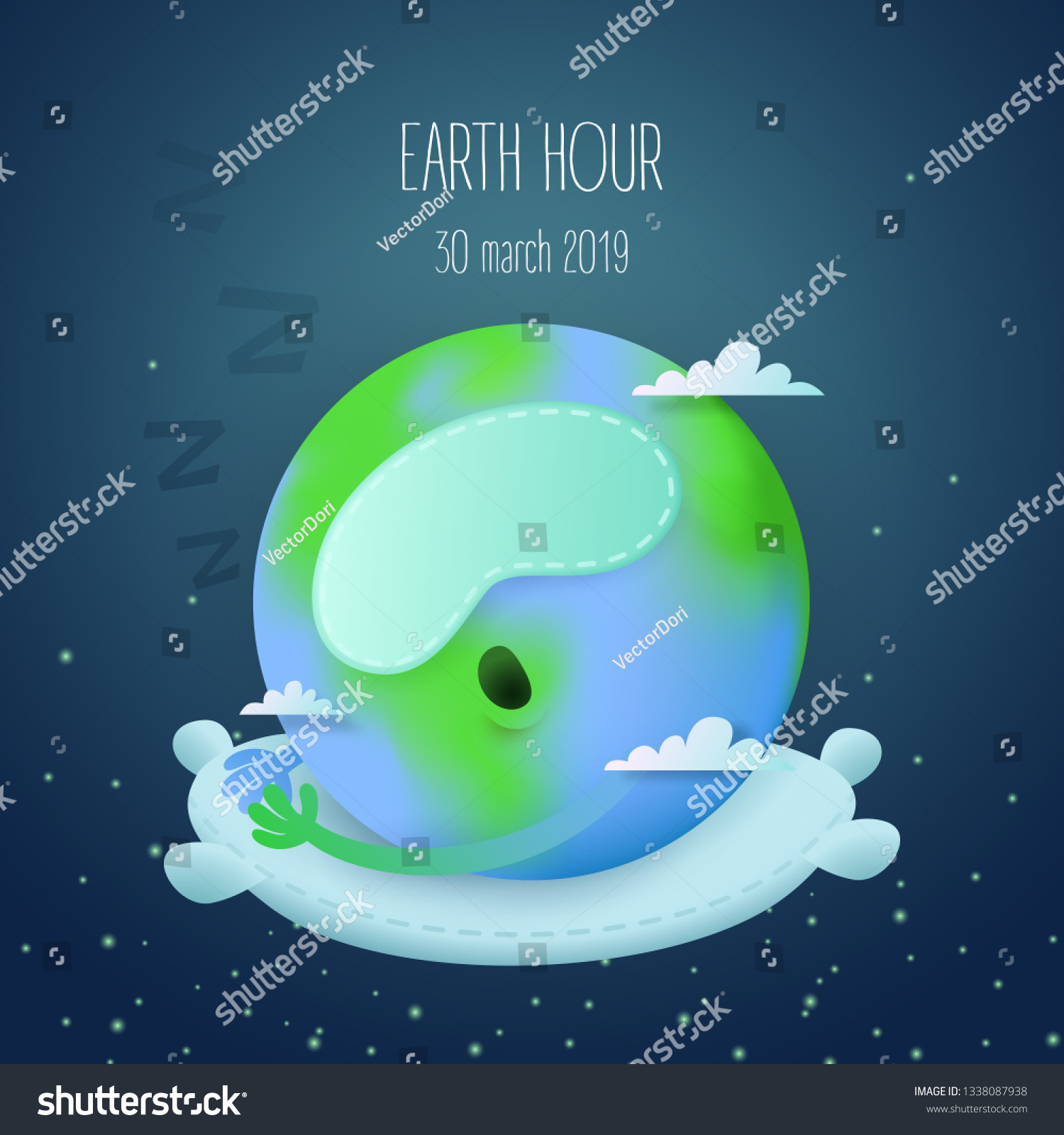 cute funny sleeping earth character on a pillow with a sleeping mask and clouds in a space background as an earth hour banner