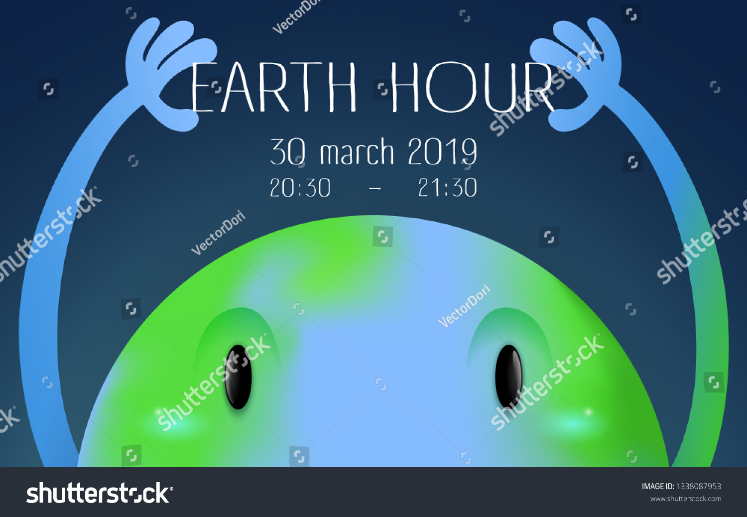 earth hour banner with a big looking earth character holding words earth hour on a dark blue space background
