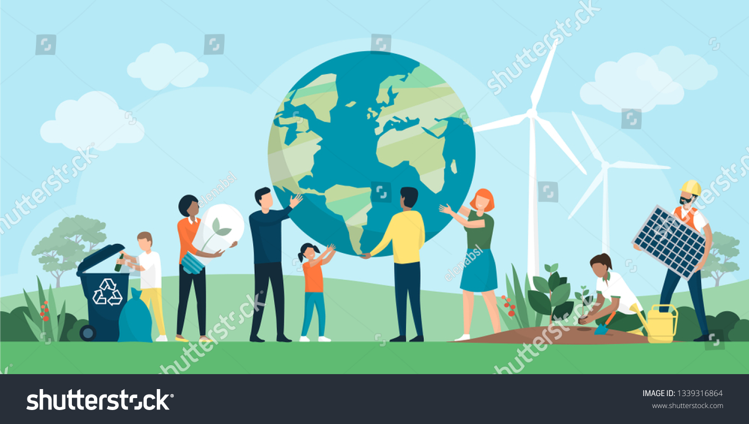 在公园中为环境保护和可持续性合作的多民族群体：他们共同支持地球 回收废物 种植植物并选择可再生资源