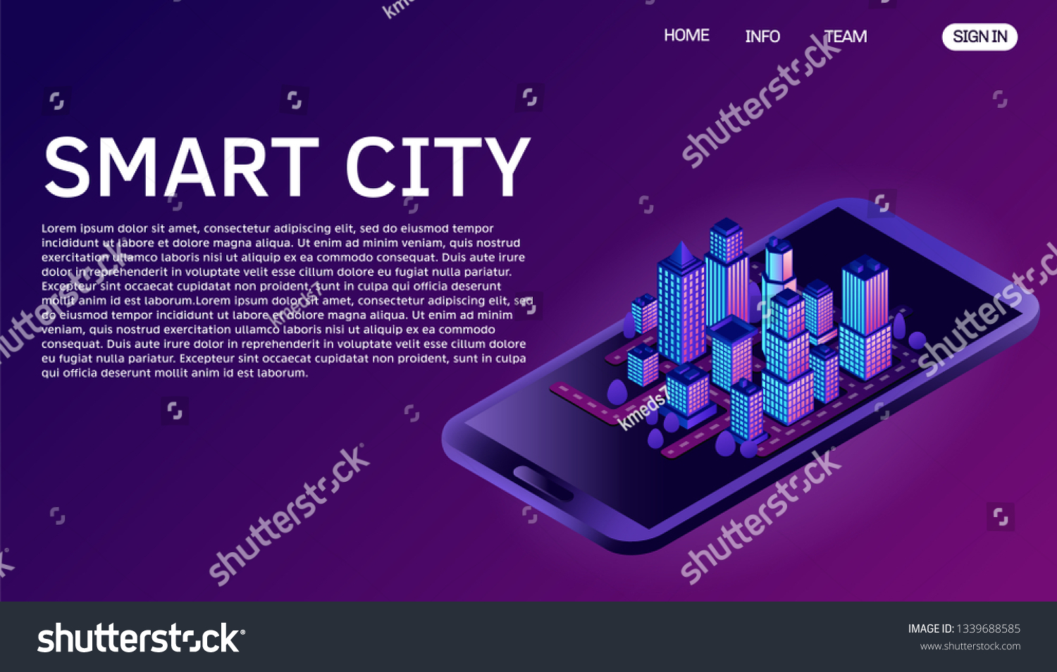 Smart city or intelligent building isometric vector concept. Website landing page template. Abstract 3d isometric landing page in violet and dark blue colors