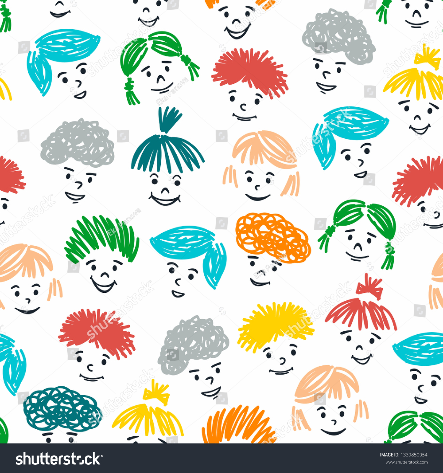 Seamless pattern with hand drawn children faces on white background. Creative vector illustration of joy and happines.