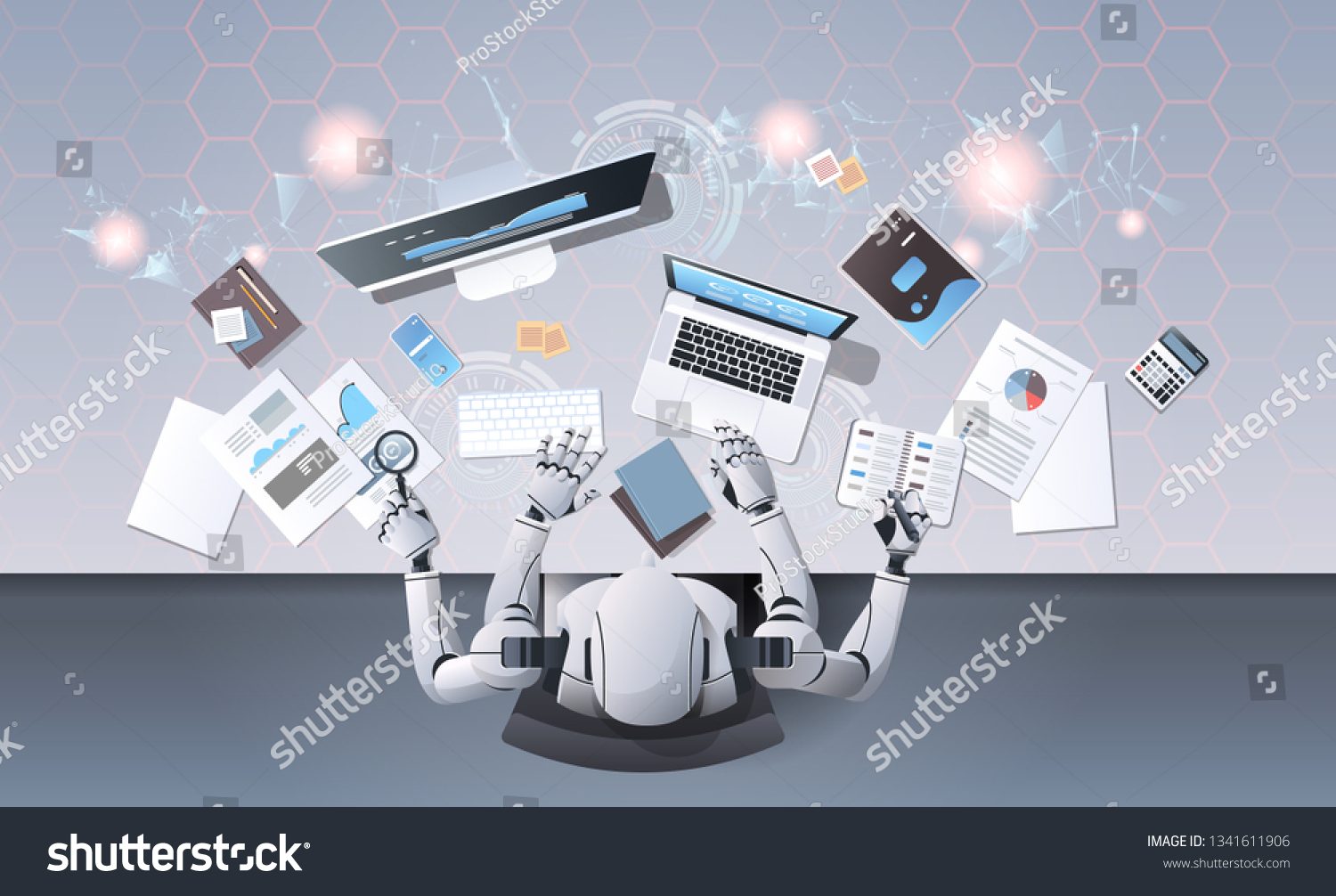 robot with many hands using digital devices at workplace desk office stuff working process top angle view artificial intelligence technology concept horizontal