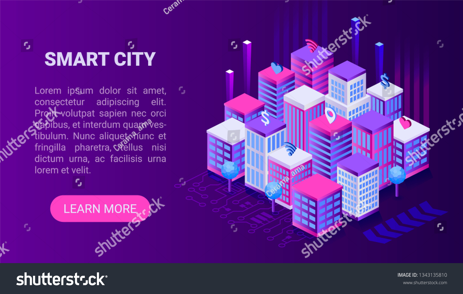Smart city concept. Isometric 3d vector illustration. Web banner with buildings and money  wi-fi and social media icons. 