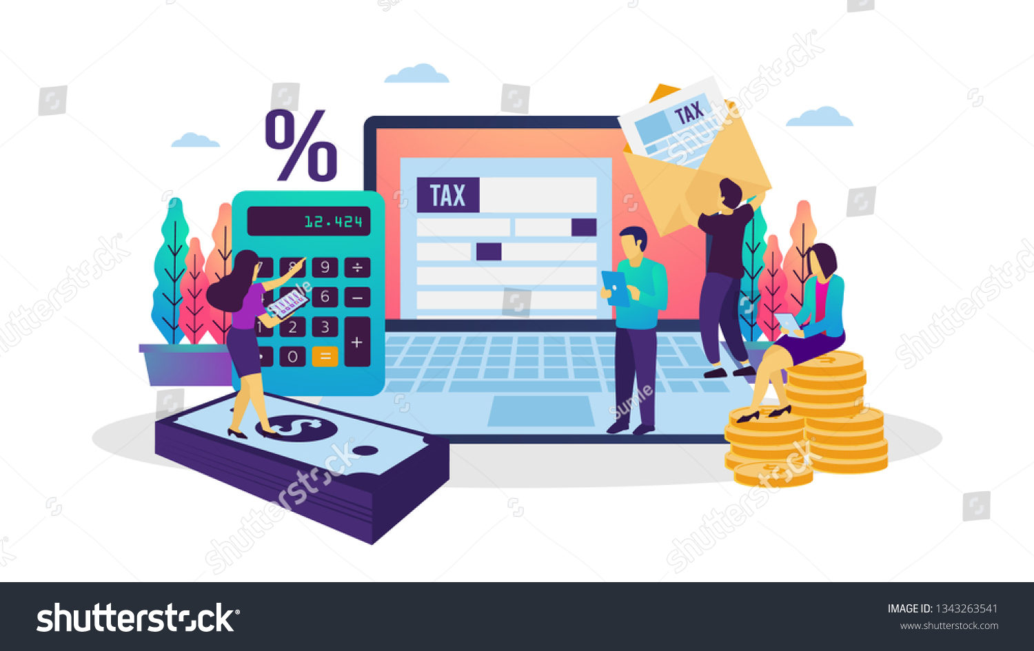 Vector illustration of online tax payment. People filling tax form using internet. Suitable for web banner  poster  ui  flyer  mobile app.