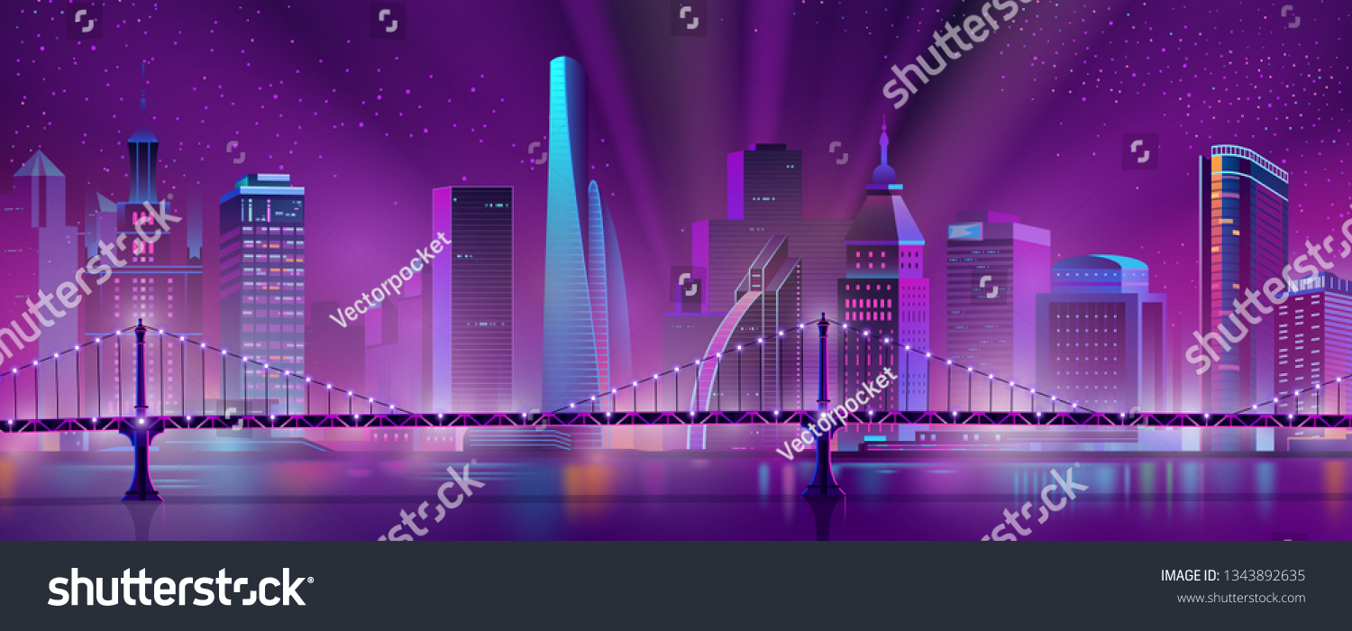 Modern city skyline neon color cartoon vector with illuminated skyscrapers in downtown  suspension bridge over river or bay and projector lights in starry sky illustration. Metropolis night landscape