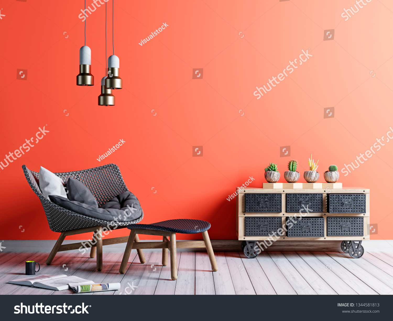 Living coral wall in hipster style living room with armchair and vintage chest of cacti. living coral background. 3d rendering