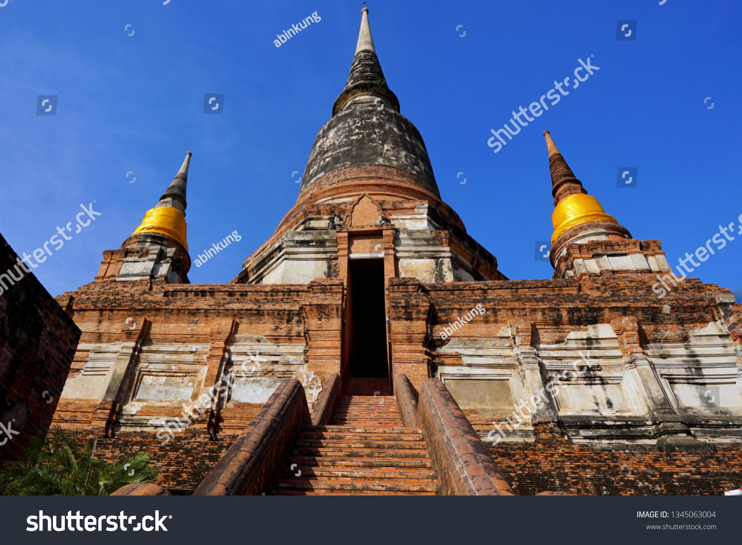 travel thailand - pagoda in wat yai chaimongkol on blue sky and