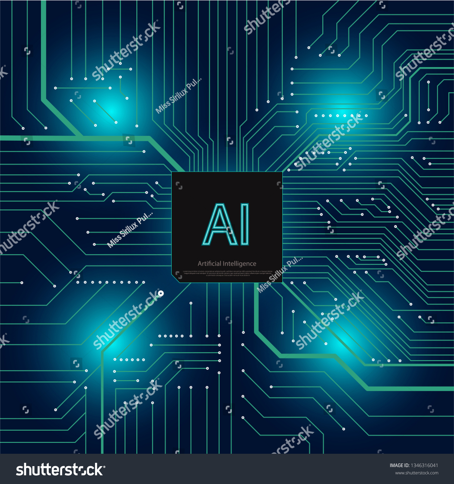Abstract technology artificial intelligence concept  high tech AI chip CPU processors computer circuit board on dark blue background.
