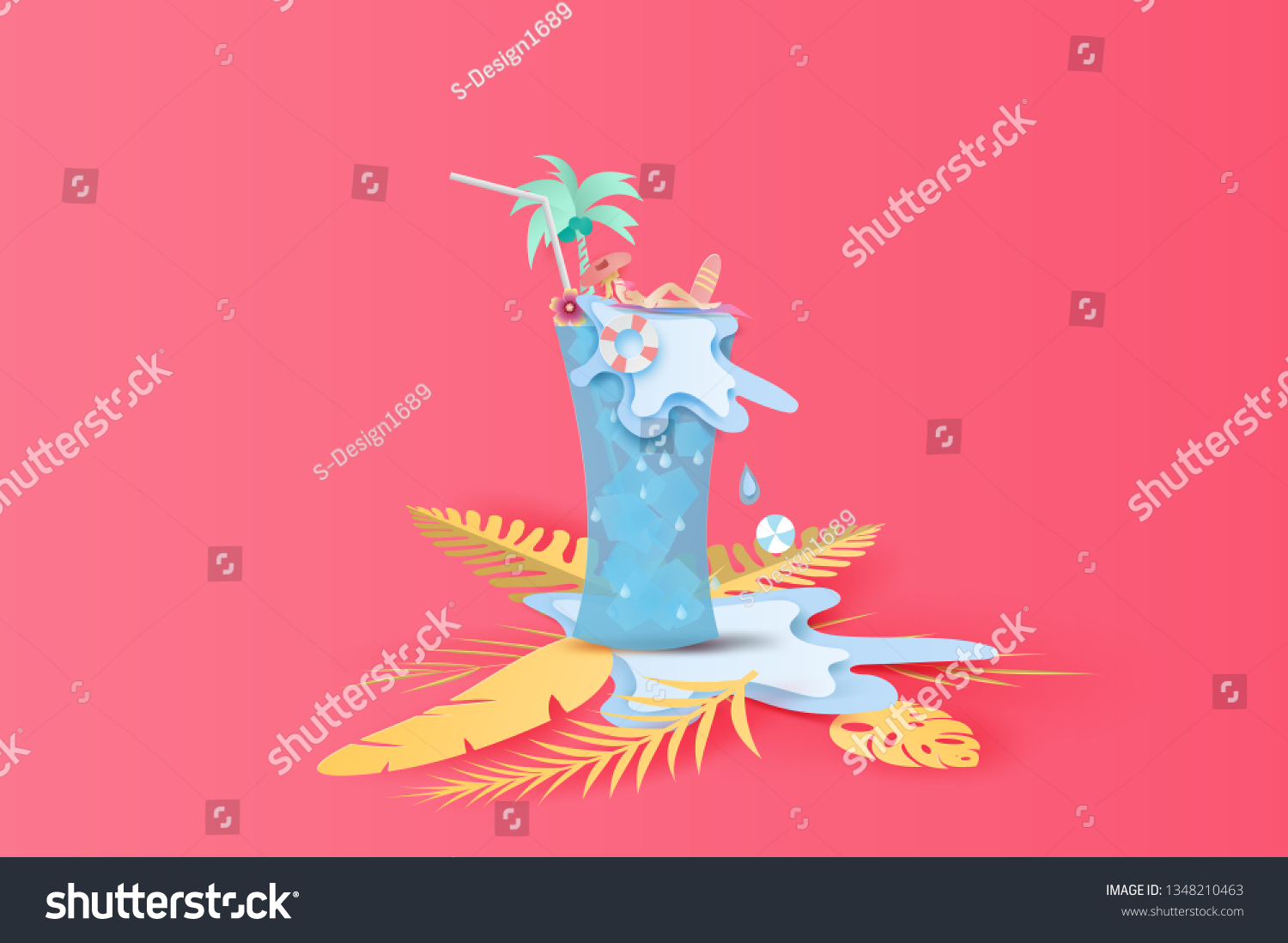 3D Paper art and craft of illustration Tropical summertime on Drink glass juice concept Summer season Young women Sunbathing on juice splash BY pastel colorful creative paper cut background.vector