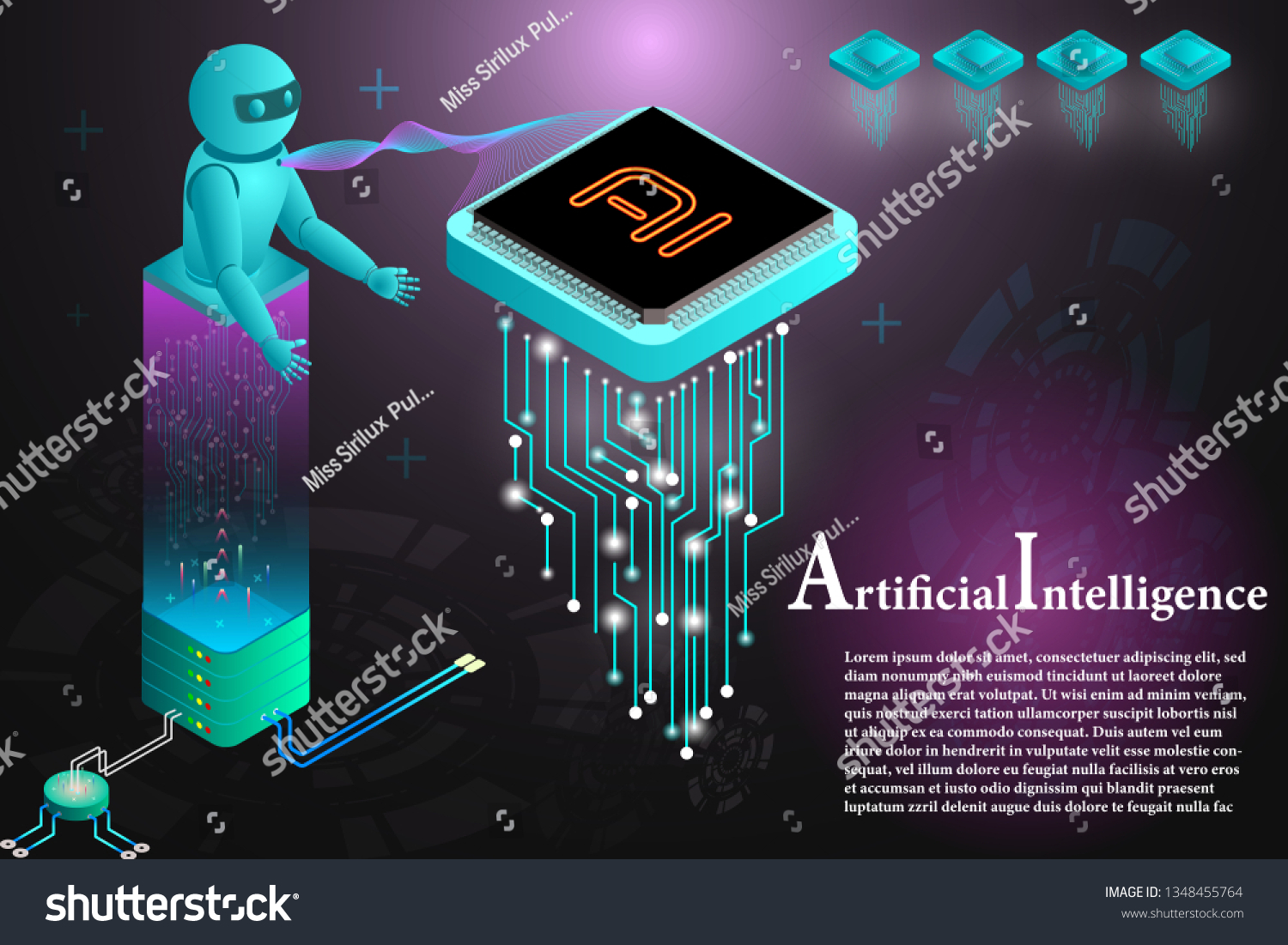 Abstract technology artificial intelligence concept  high tech AI chip CPU processors computer circuit board on dark blue background.