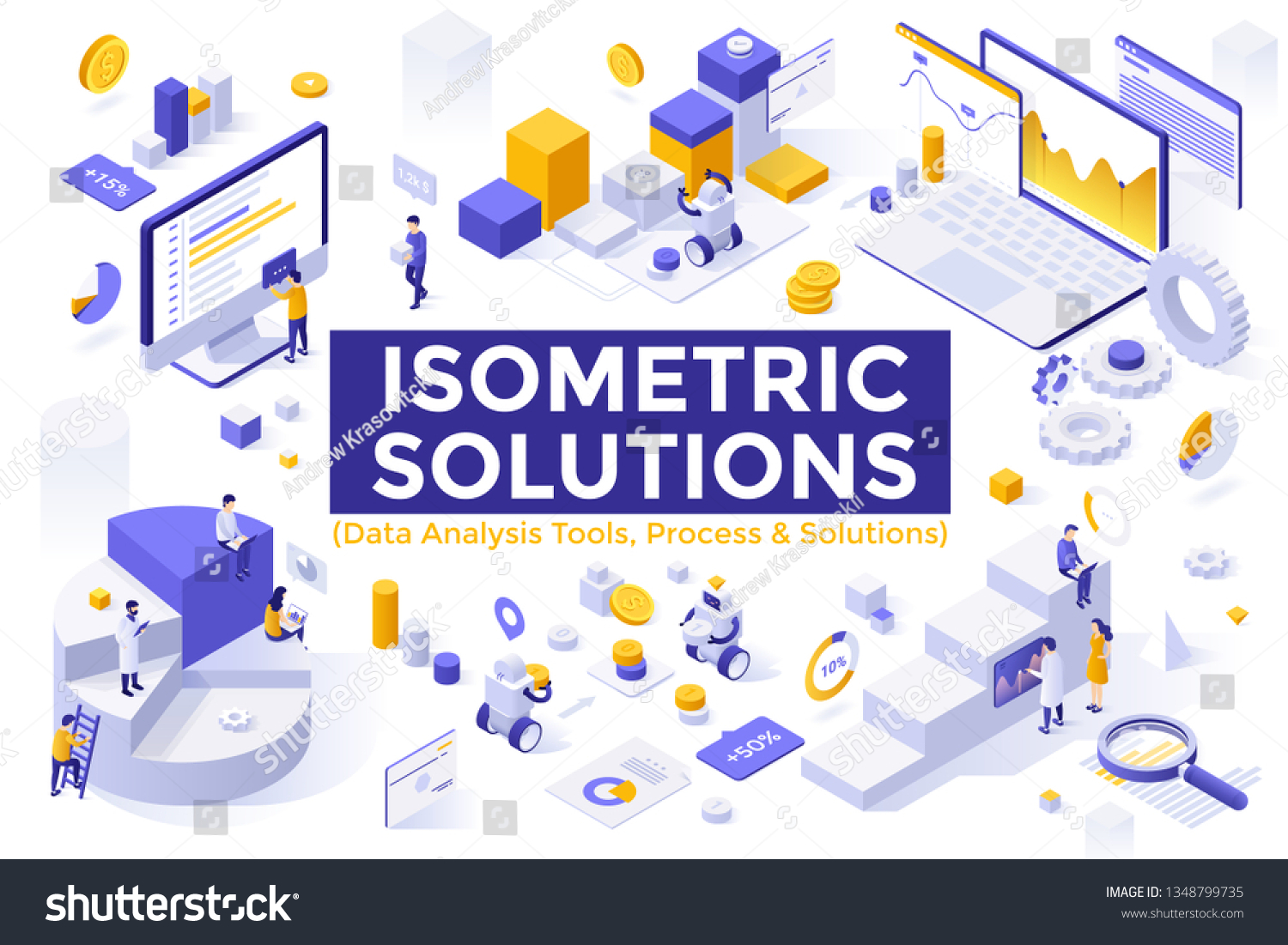 Bundle of isometric design elements or symbols isolated on white background - big data analysis tools  statistical  financial  business analytics  market research. Modern vector illustration.