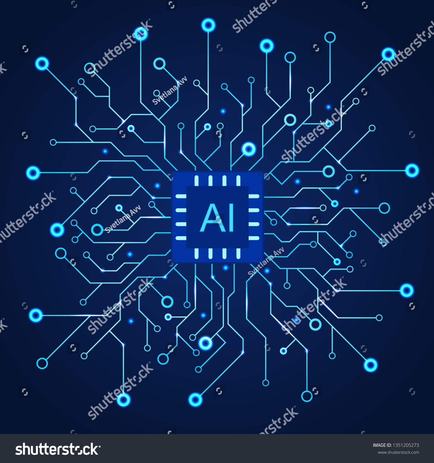 Artificial Intelligence dark blue background. Machine programming and AI chip on computer.  Circuit motherboard modern Technology. Vector illustration 