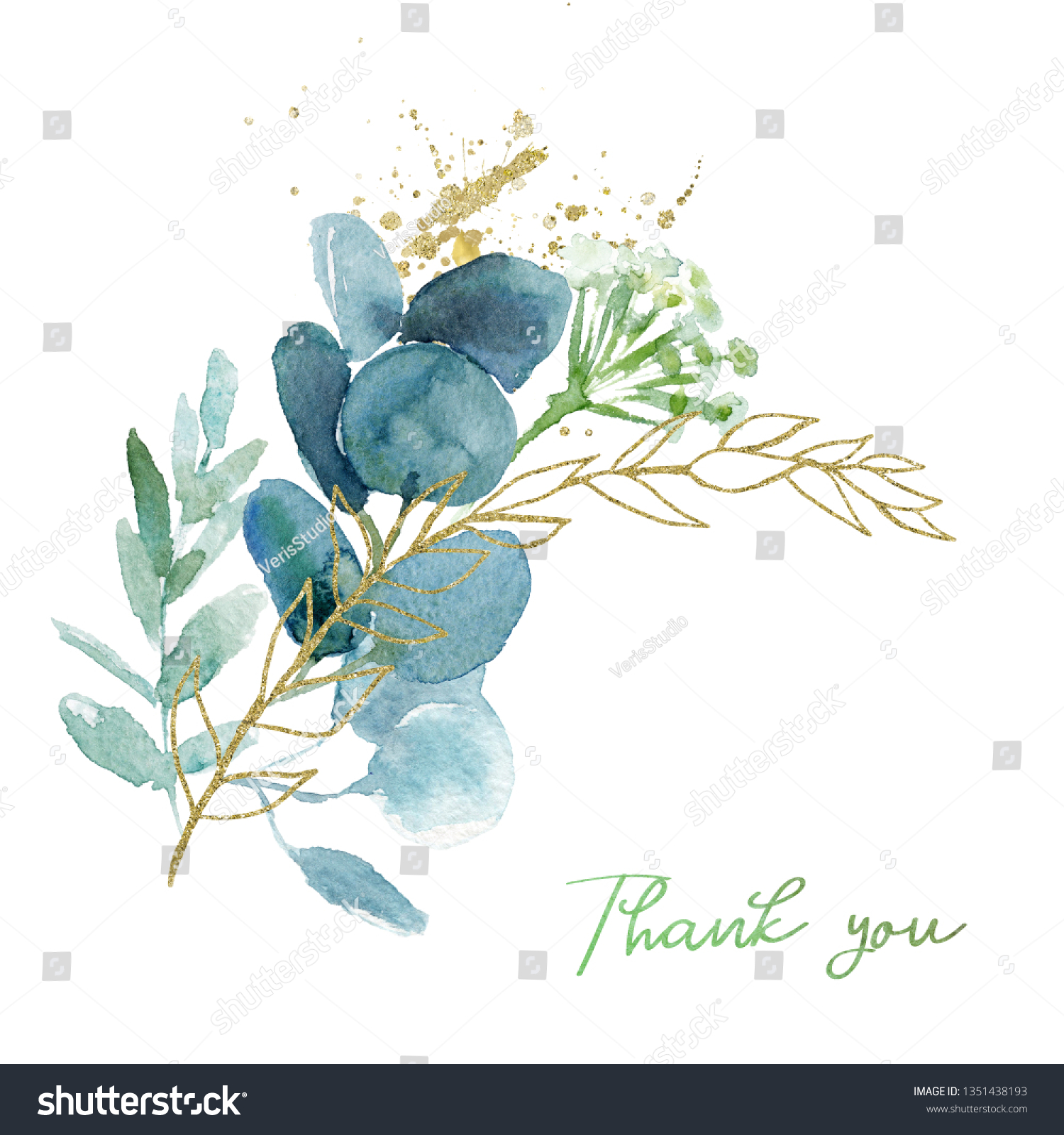 Watercolor floral illustration bouquet - green & gold leaf branches ...
