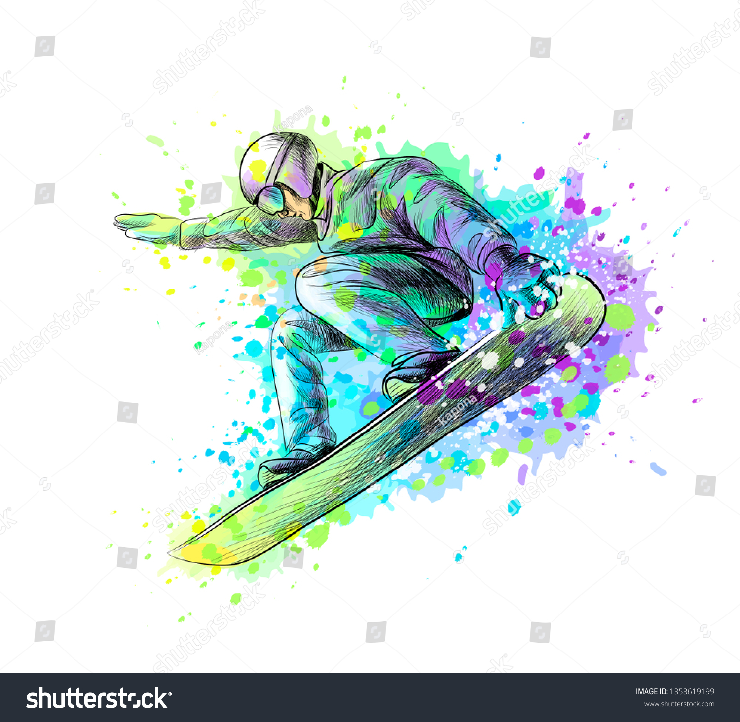 Abstract snowboarder from a splash of watercolor  hand drawn sketch. Vector illustration of paints