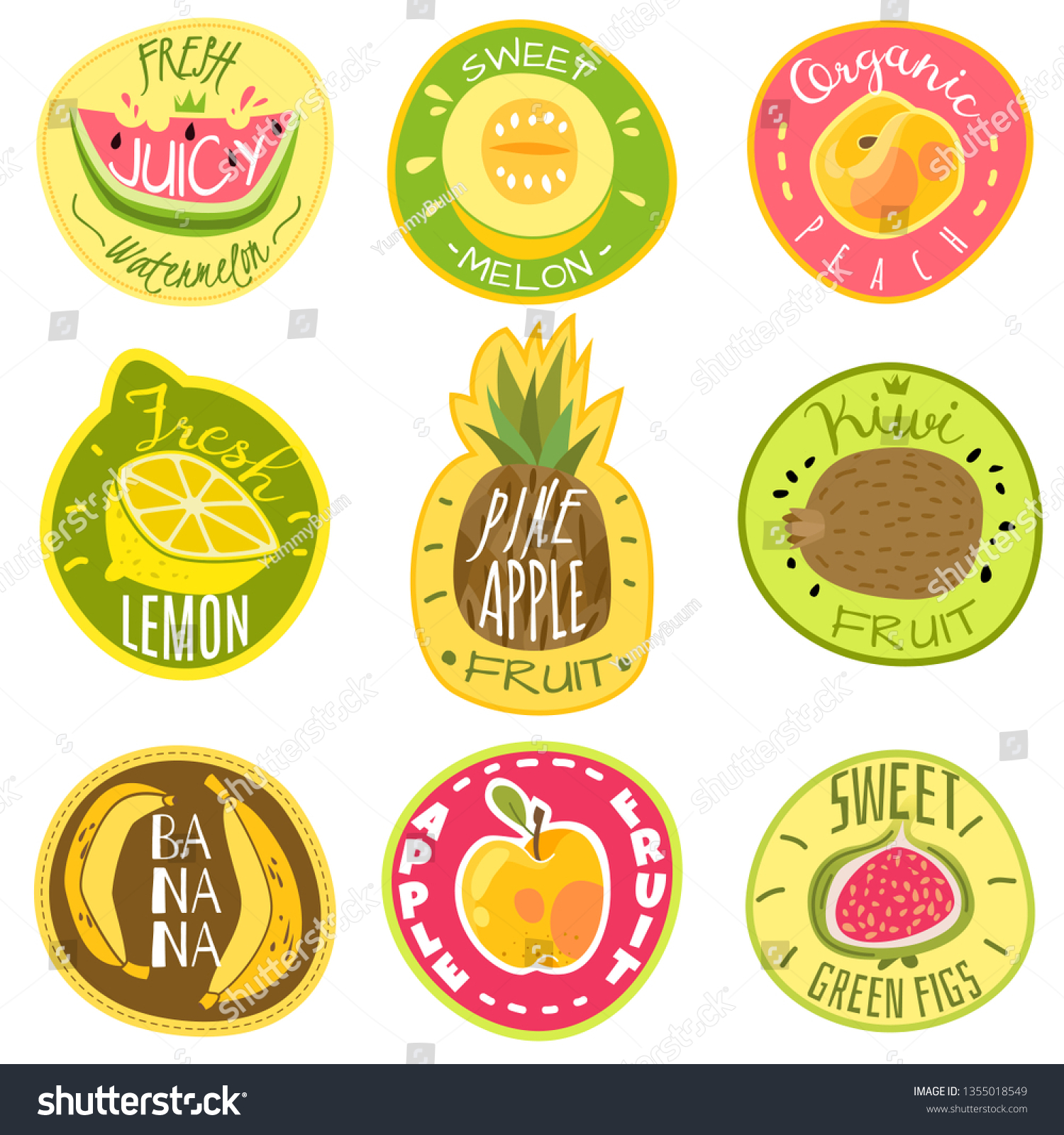 Fruit labels. Juice fresh and organic fruit cocktail natural vegan food farm emblem logo print sticker text cartoon vector templates isolated set