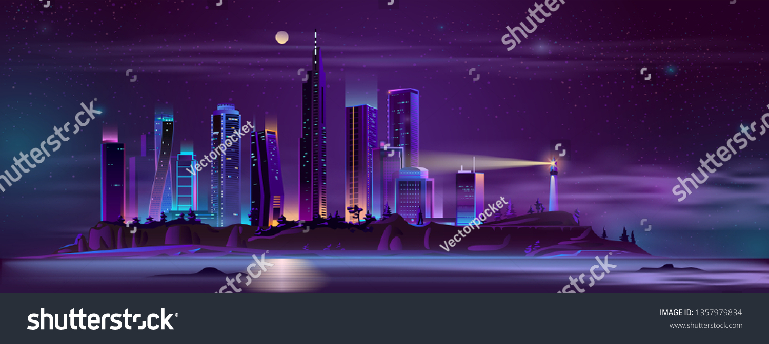 Modern metropolis buildings on sea or ocean island steep shore with beach night landscape cartoon vector in neon colors. Modern city skyline with futuristic skyscrapers and lighthouse illustration