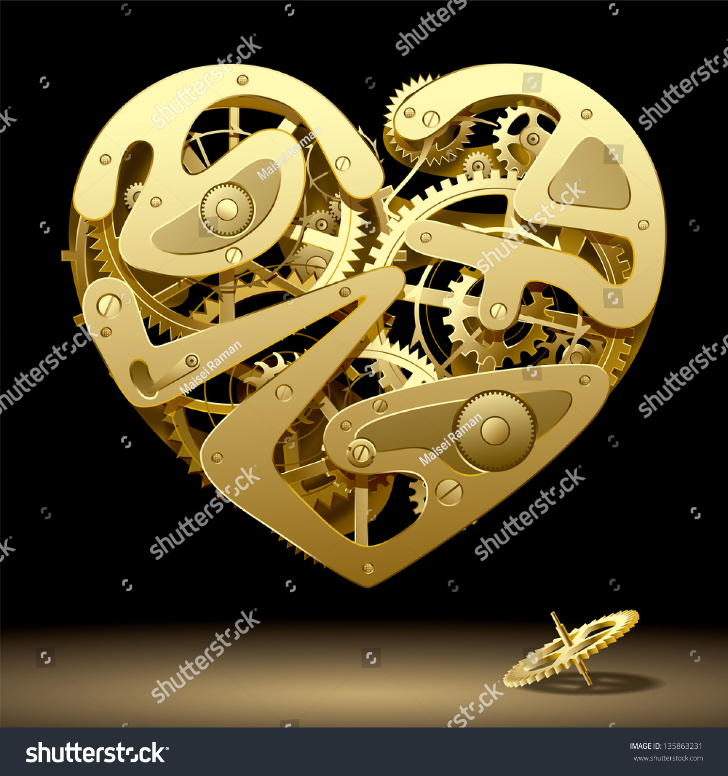 isolatedrasterversionofvectorimageofgoldclockworkheartontheblack