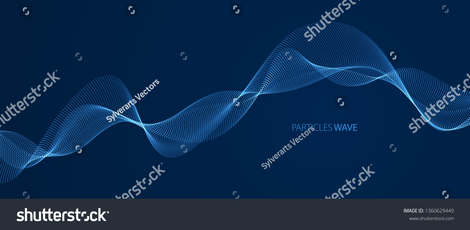 Vector abstract background with wave of flowing particles over dark  smooth curve shape lines  particle array flow. 3d shape glowing dots blended mesh  technology relaxing wallpaper.