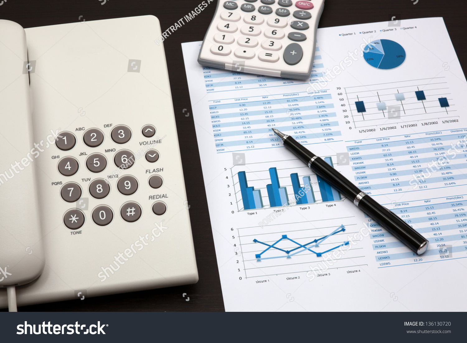 business report with telephone on a table