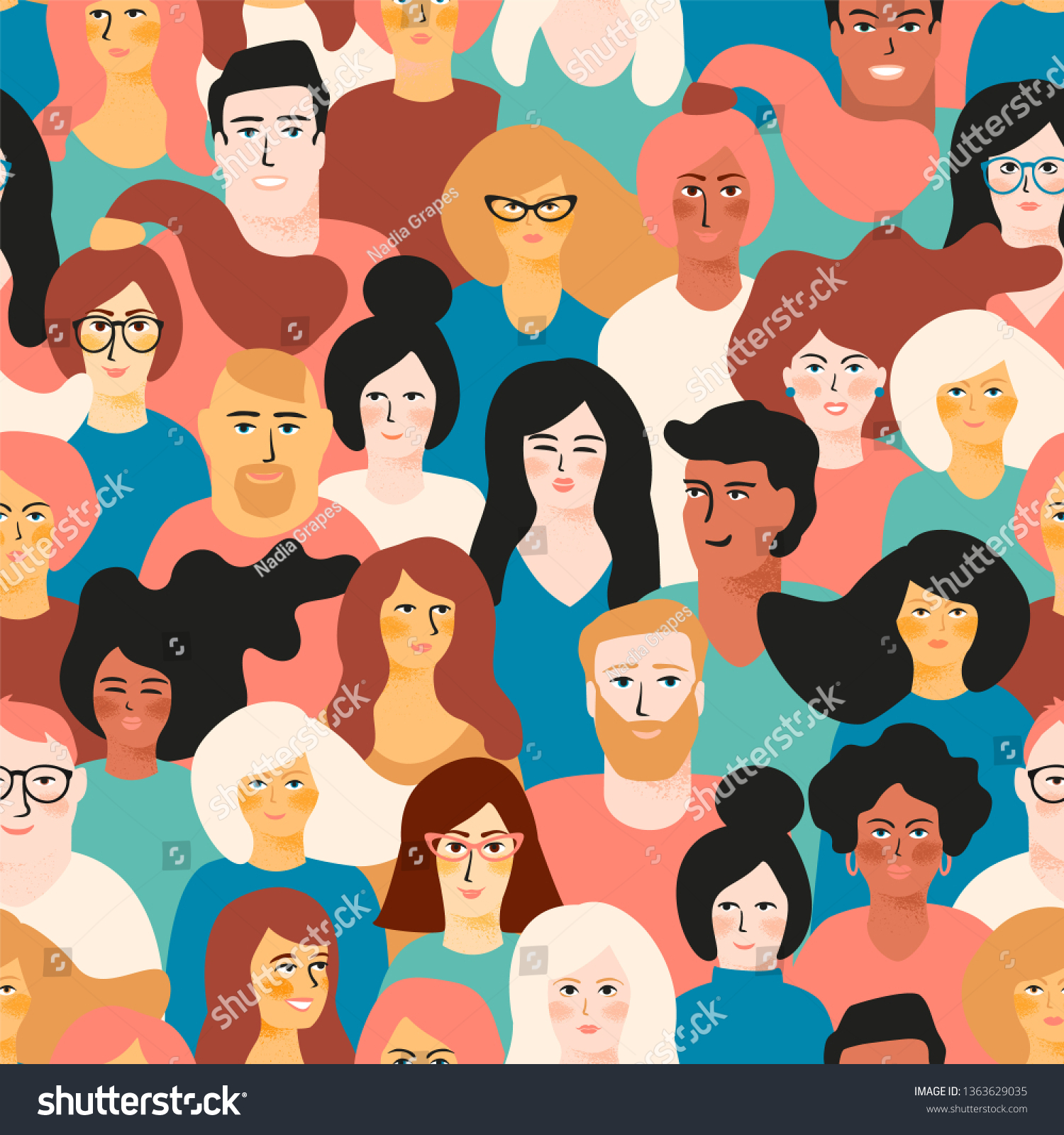 Vector seamless pattern with young men and women with different skin color. Design element.