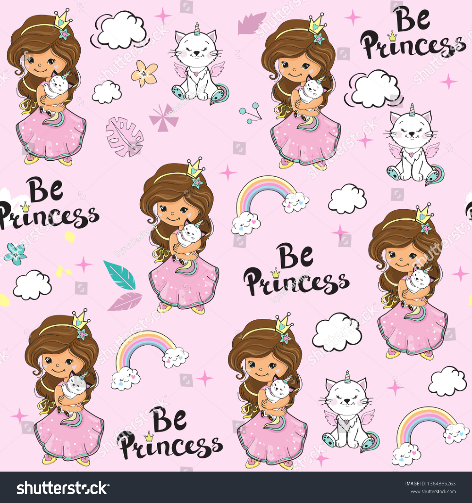 Beautiful little girl holding a unicorn cat and the inscription be princess seamless pattern