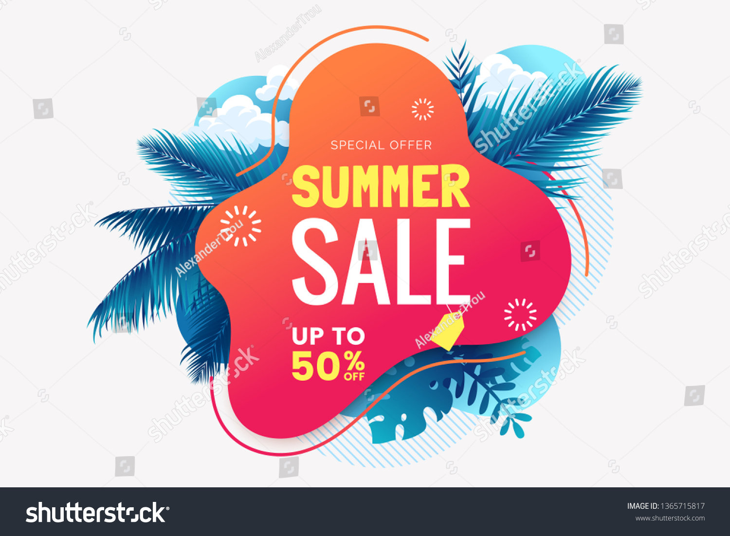 Summer sale banner template. Summer abstract geometric background with palm leaves and clouds. Tropical backdrop. Promo badge for your seasonal design. Vector illustration.
