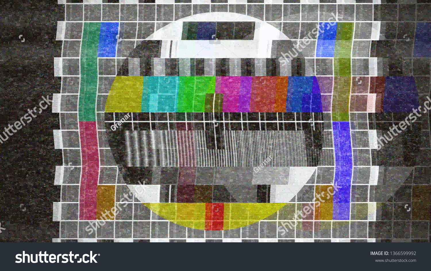 An analogue old CRT TV test card with color bars full of noise static grain ghosting artifacts.