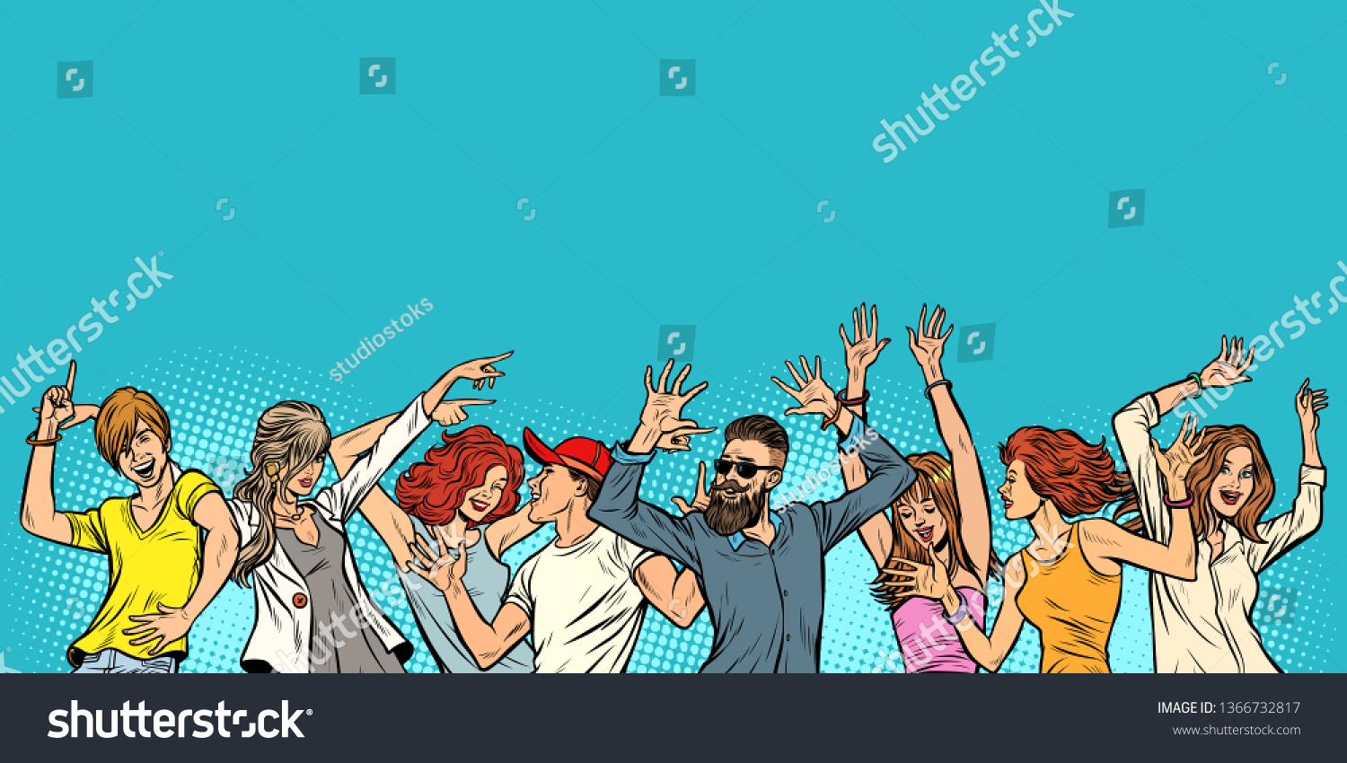 dancing young men boys and girls  copy space on top. Pop art retro vector illustration vintage kitsch