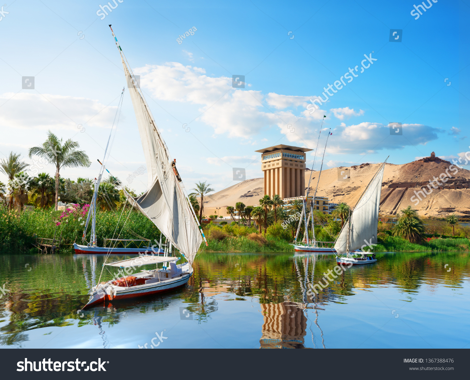 River Nile and boats at sunset in Aswan