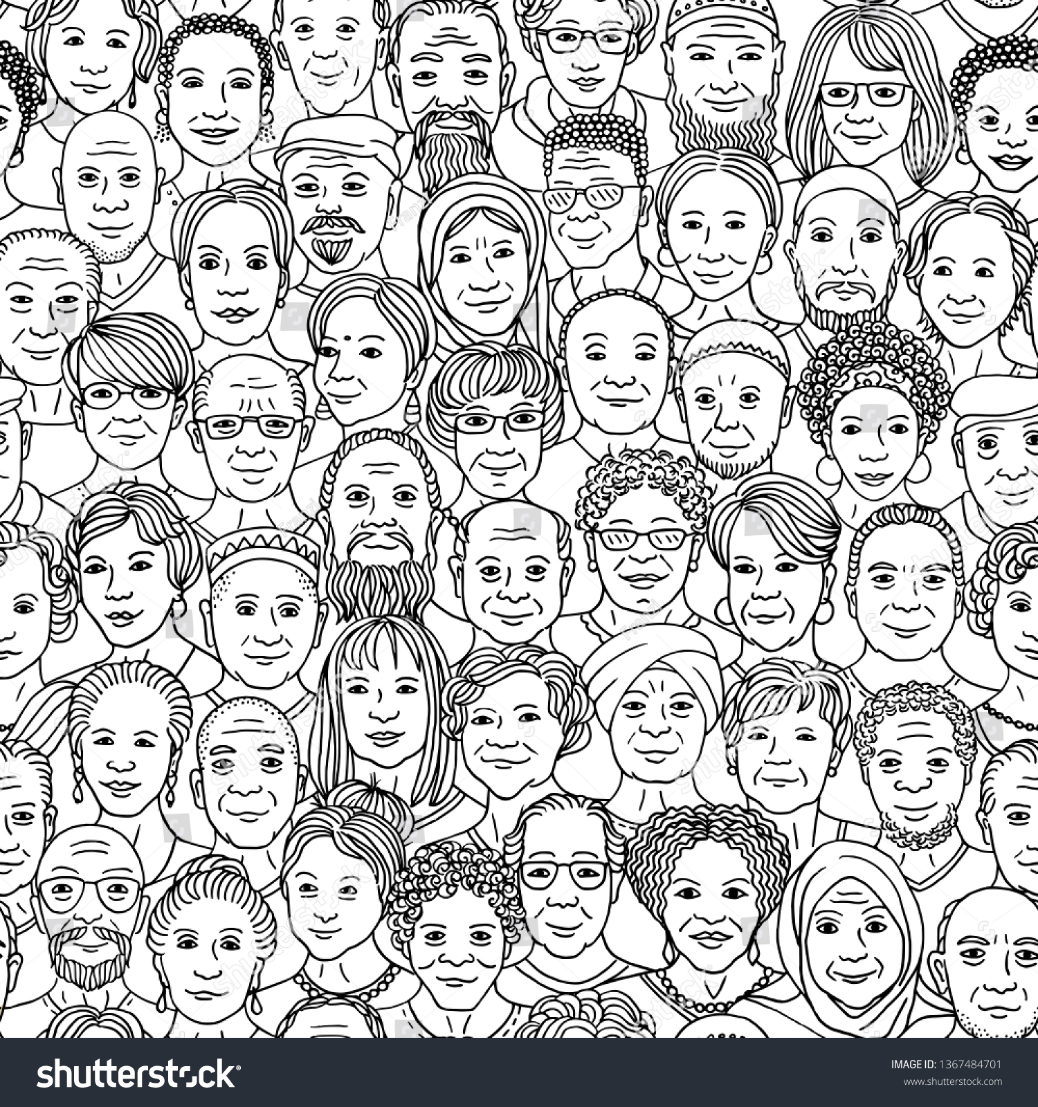 Diverse group of older people 50+ - seamless pattern with hand drawn faces  senior citizens of various ethnicities