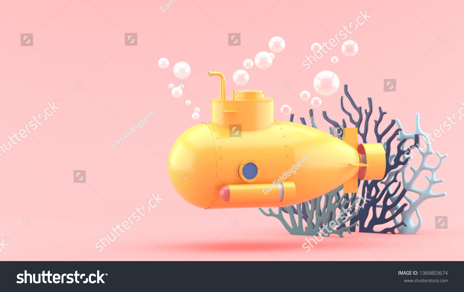 Submarines and corals surrounded by bubbles on a pink background.-3d rendering.

