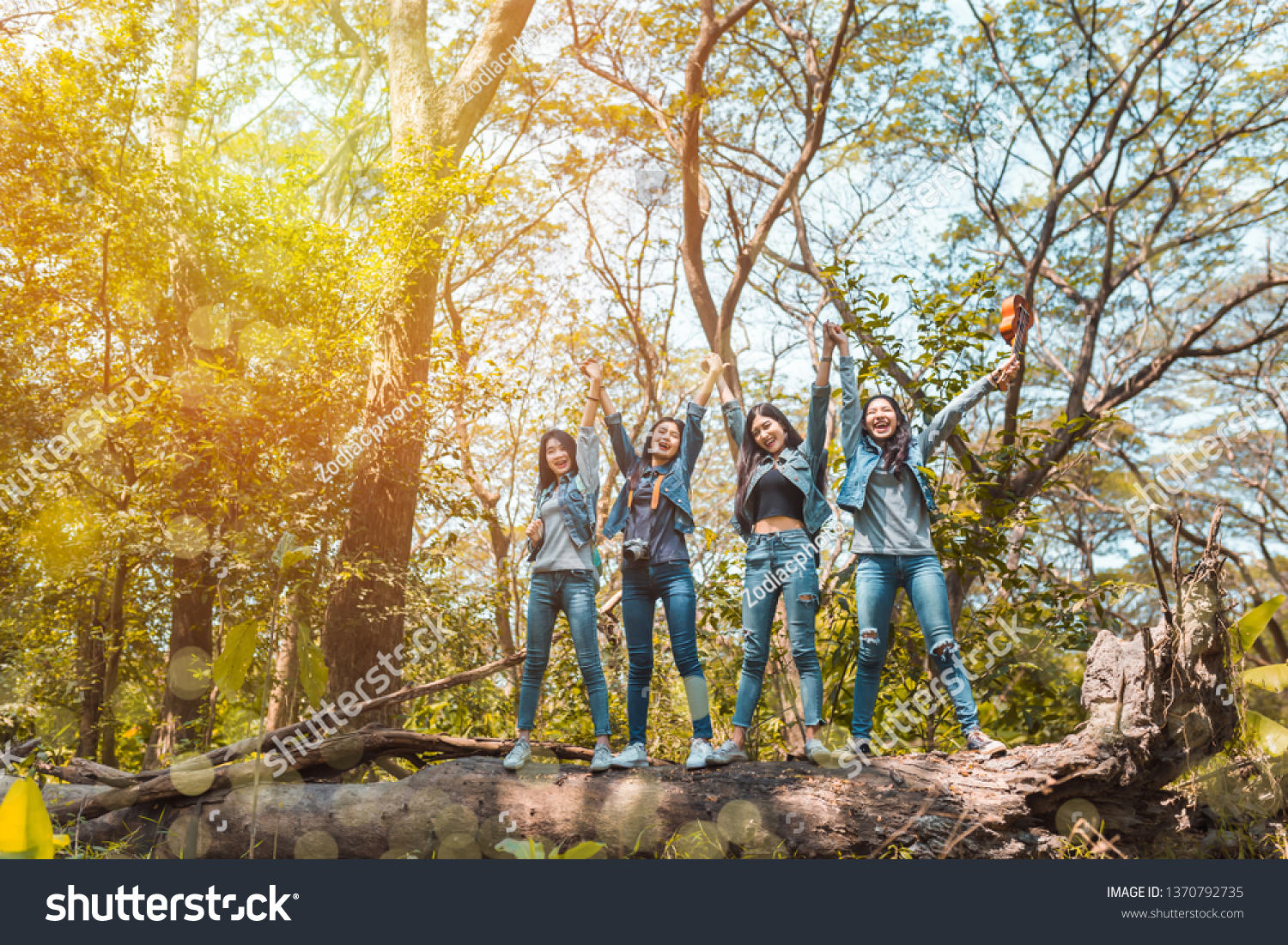 Group of Asian women destination finish enjoy and happy travel trekking in vacation time for go to camping.