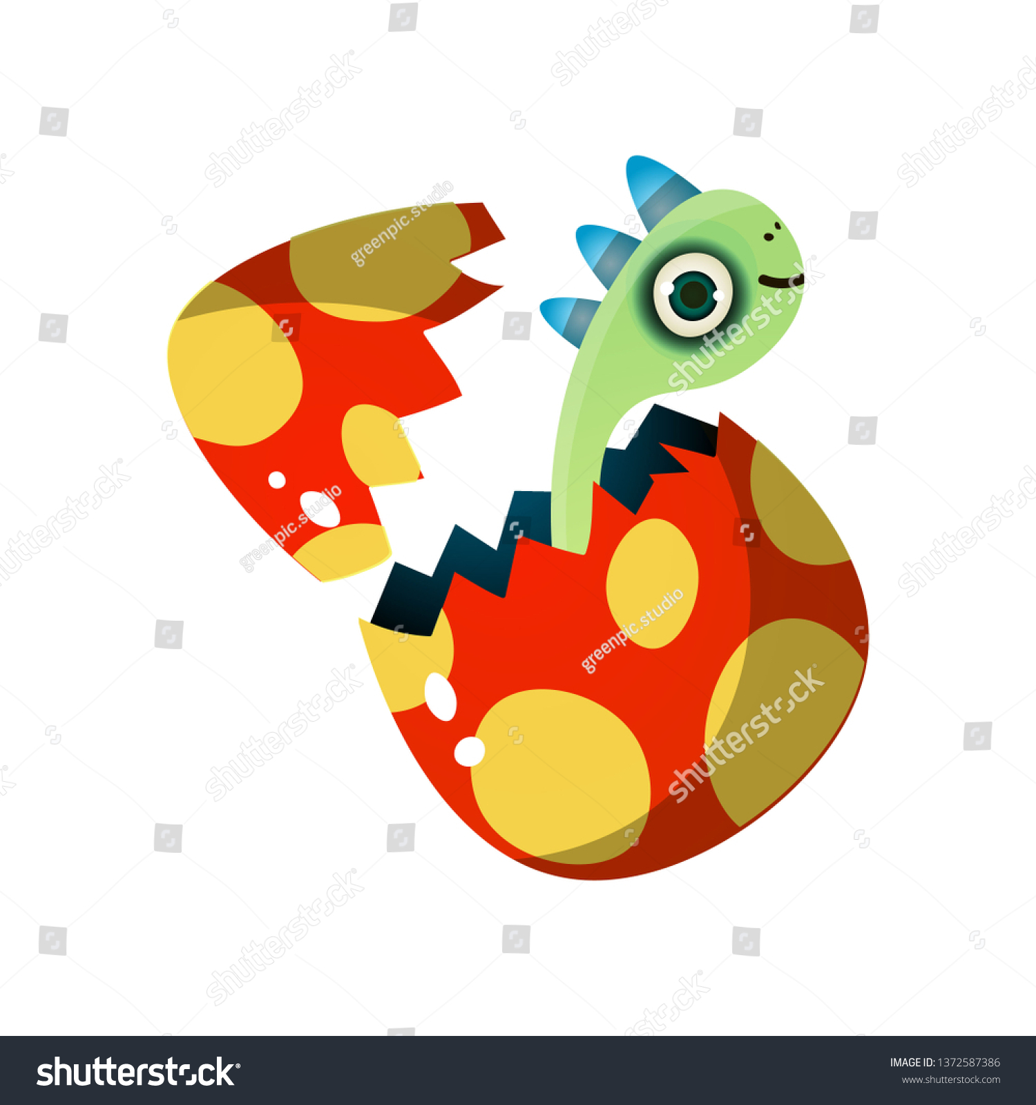 green cute dino kid exit from cracked egg