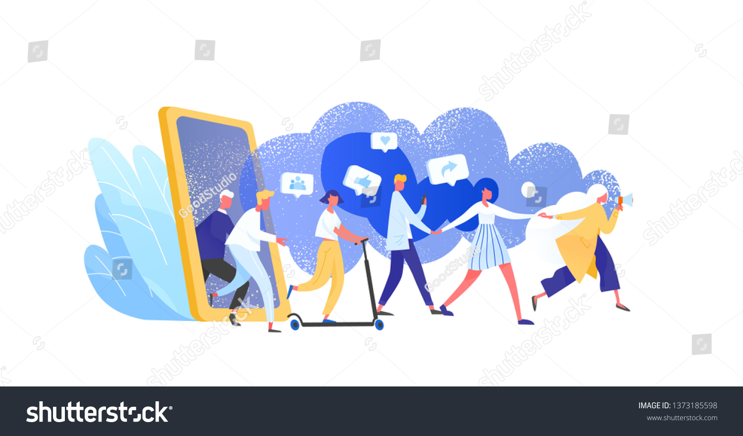 推荐营销的概念 参考朋友忠诚度计划 促销方法。一群人或顾客牵着手 走出巨型智能手机。现代平坦矢量图。