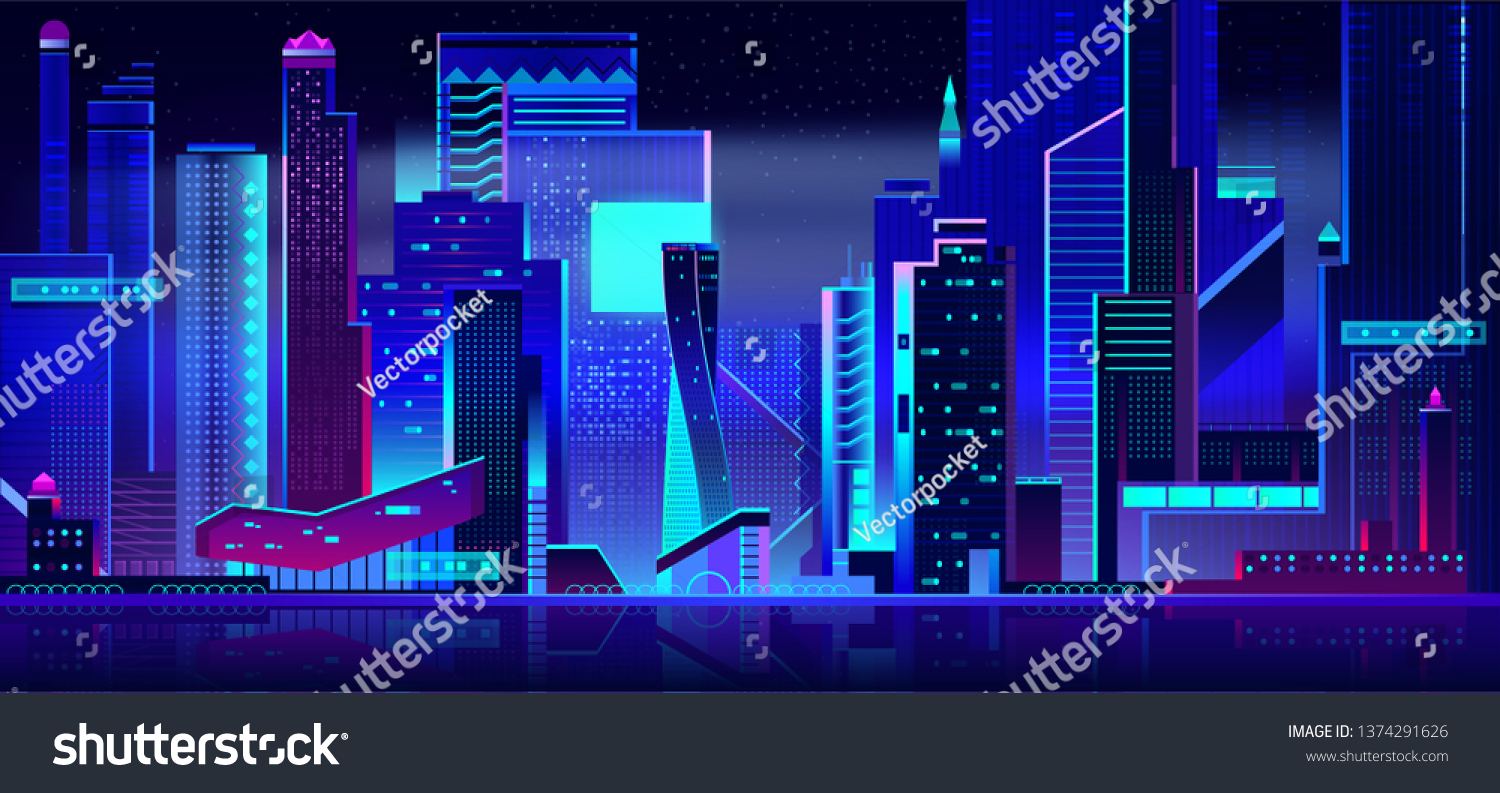 Night city in neon lights. Futuristic cityscape panoramic view background with glowing illumination. Modern town buildings exterior architecture in blue and purple colors. Cartoon vector illustration.