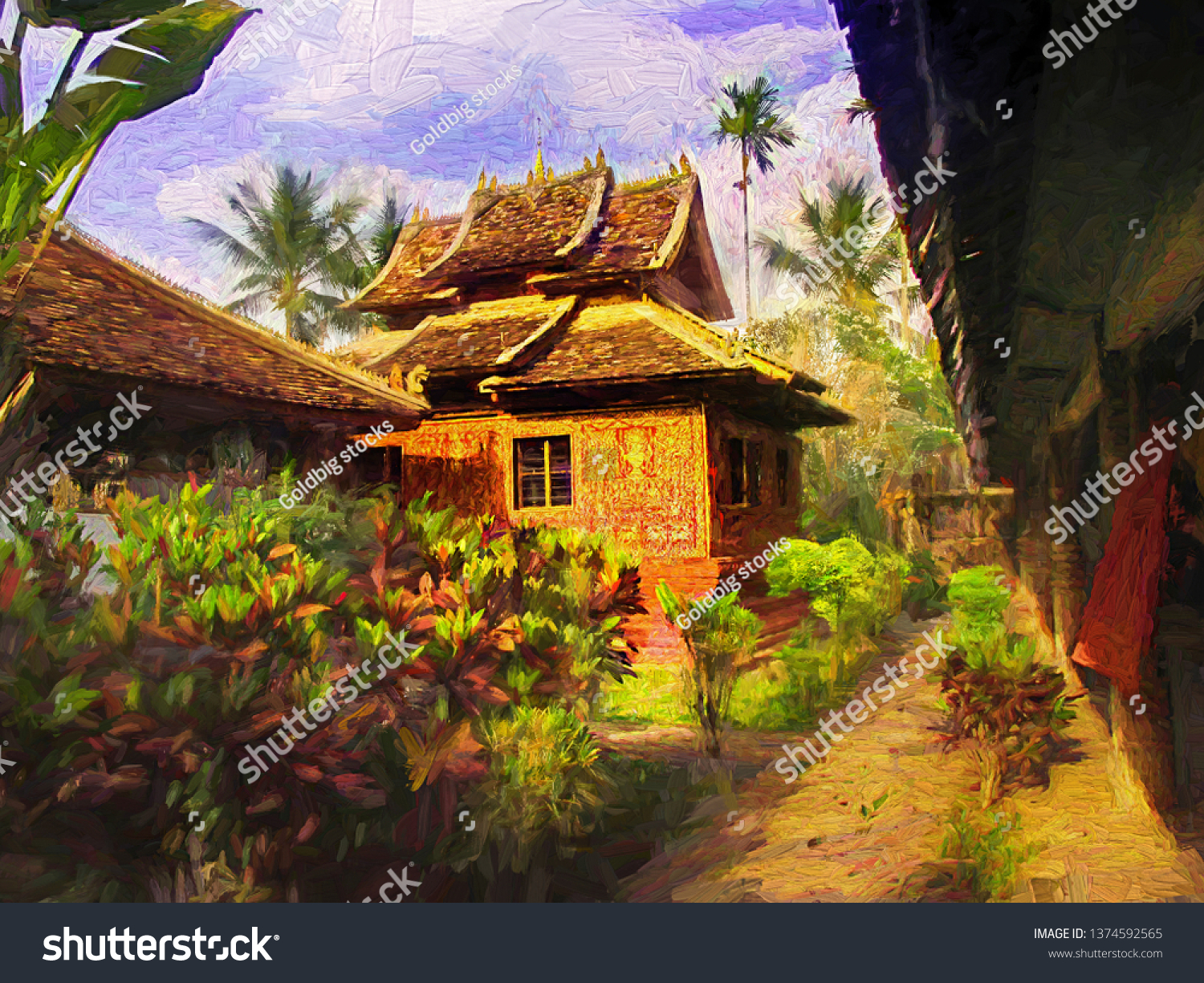 The ancient buddhist temple building in the Dai Minority Park in Jinghong City Xishuangbanna South of Yunnan province China. Abstract digital oil painting.