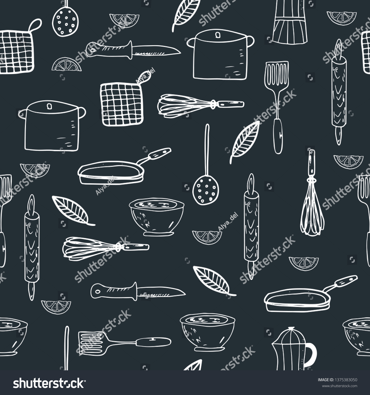 Hand drawn kitchenware seamless pattern on a chalkboard background. Sketch style. Vector Illustration.