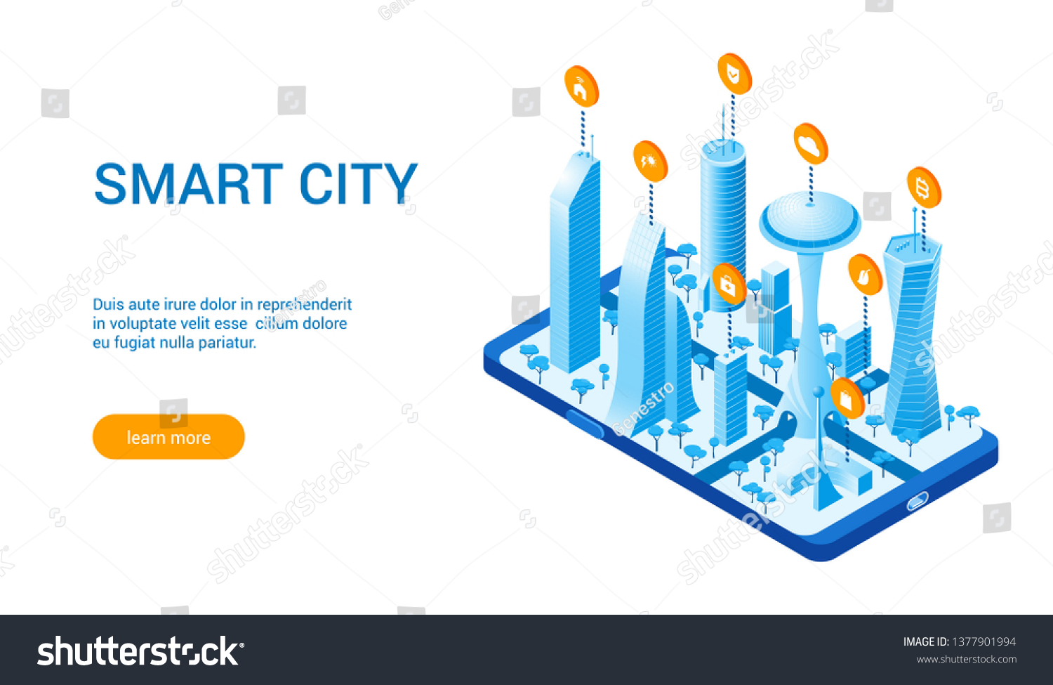 Isometric template for smart cityscape. Vector illustration of city with buildings  cars and trees