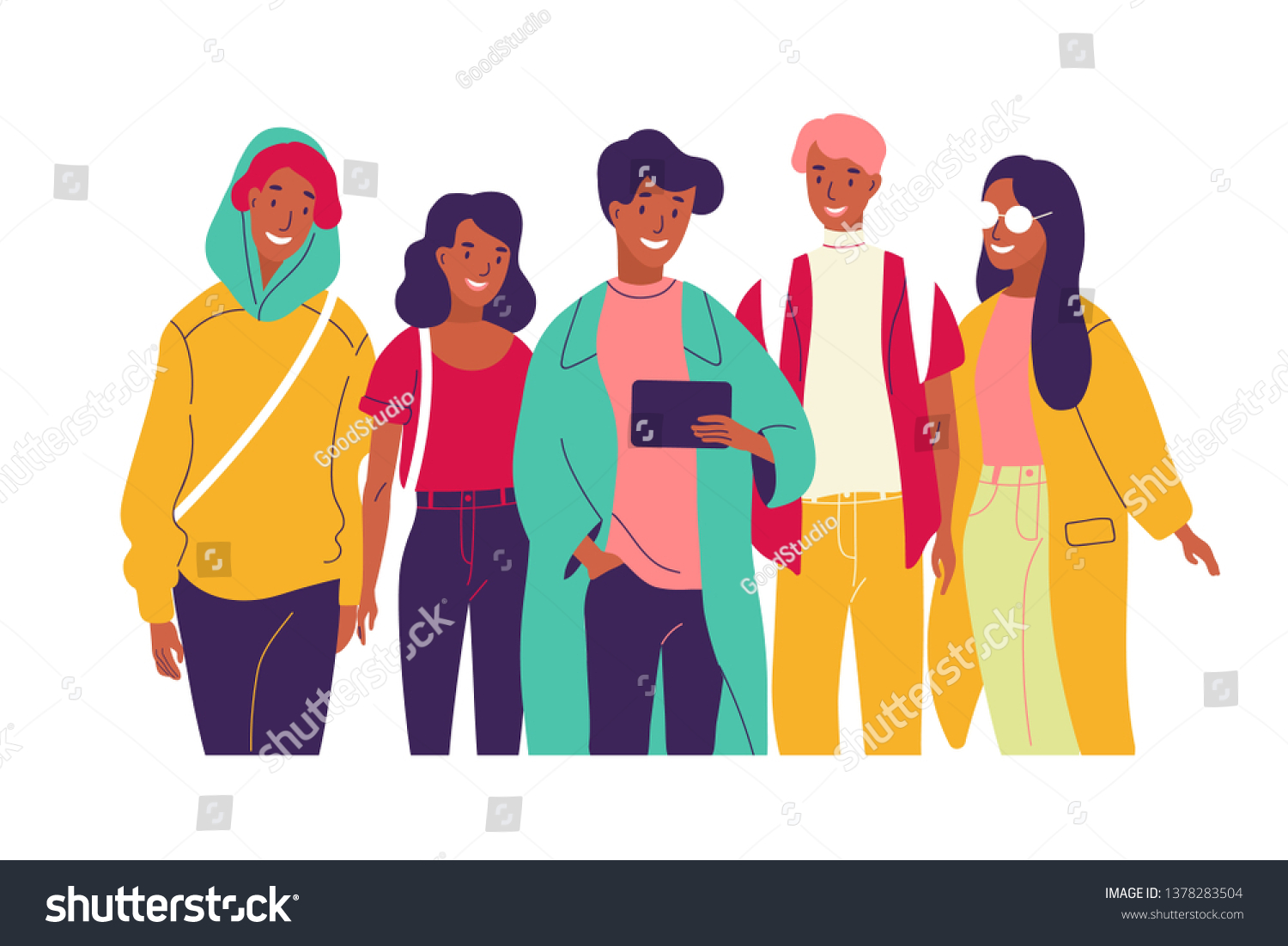 Happy friends watching video together. Group of young smiling men and women dressed in trendy clothes looking at tablet pc screen. Bright colored illustration in modern flat cartoon style.