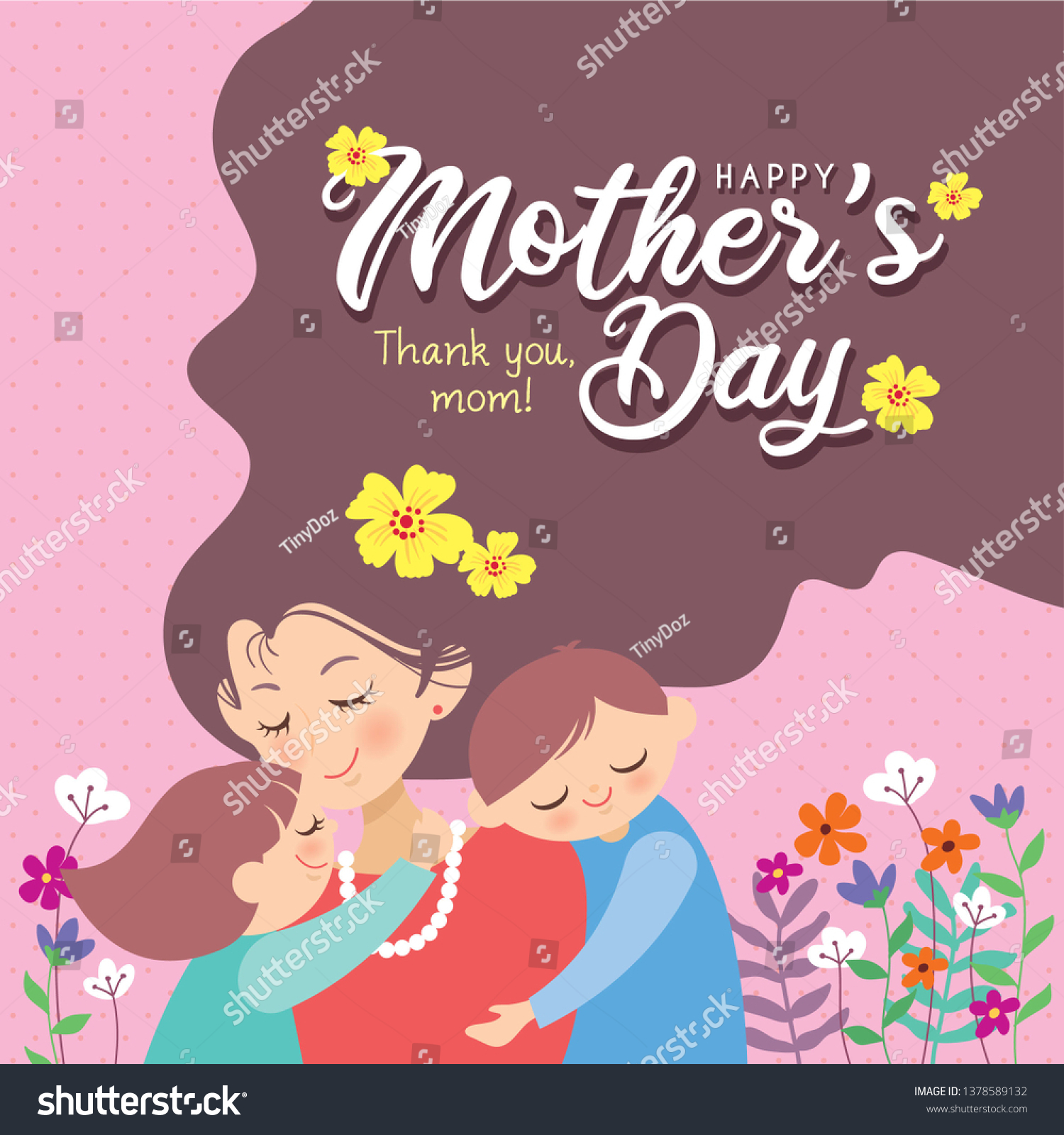 Happy Mother's Day template design or copy space. Hand drawn mother  son & daughter with flowers on pink polka dot background in flat vector illustration. Cartoon mom together with children.