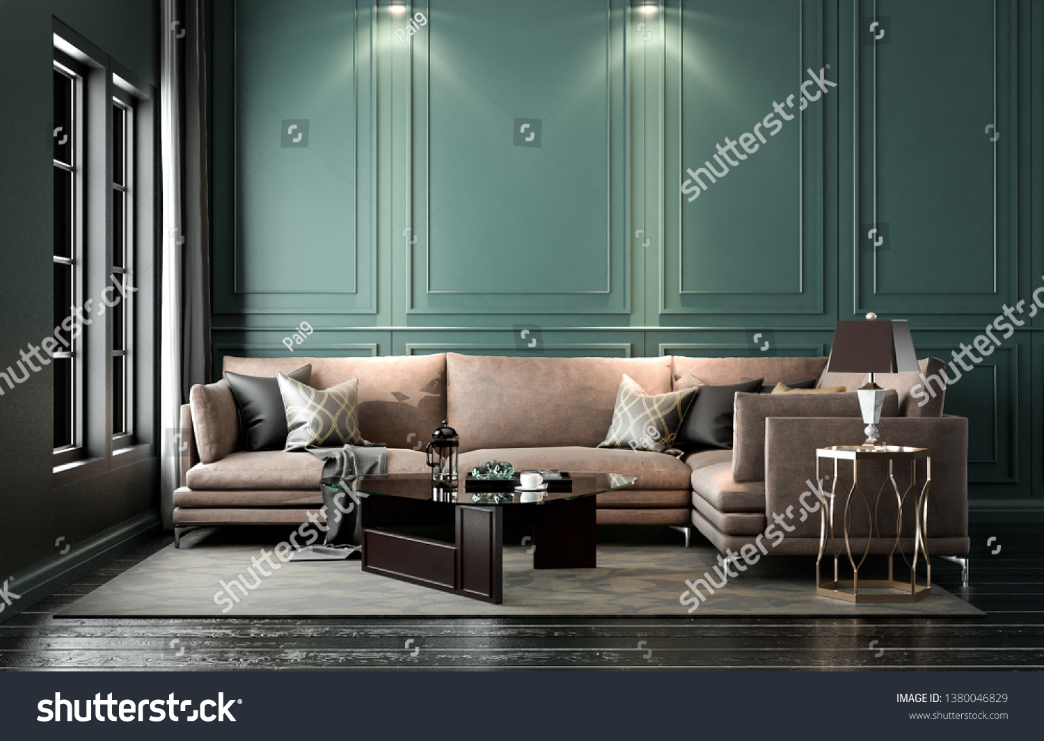 Interior modern classic living retro classical style with loose brown furniture dark green wall 3D rendering 3D illustration