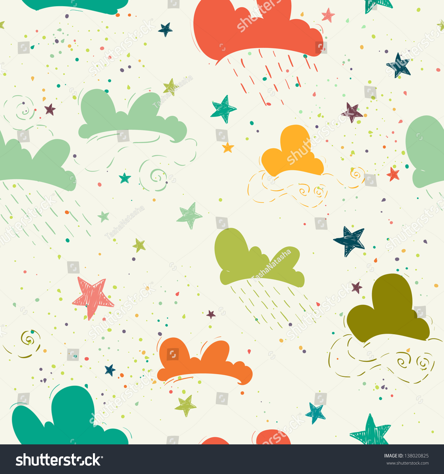 Seamless pattern with hand drawn doodle clouds and stars. Hand drawn ...