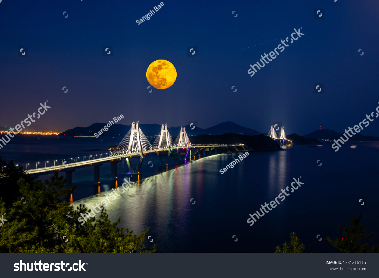 Nightscape of the moon over bridge  sea and islands