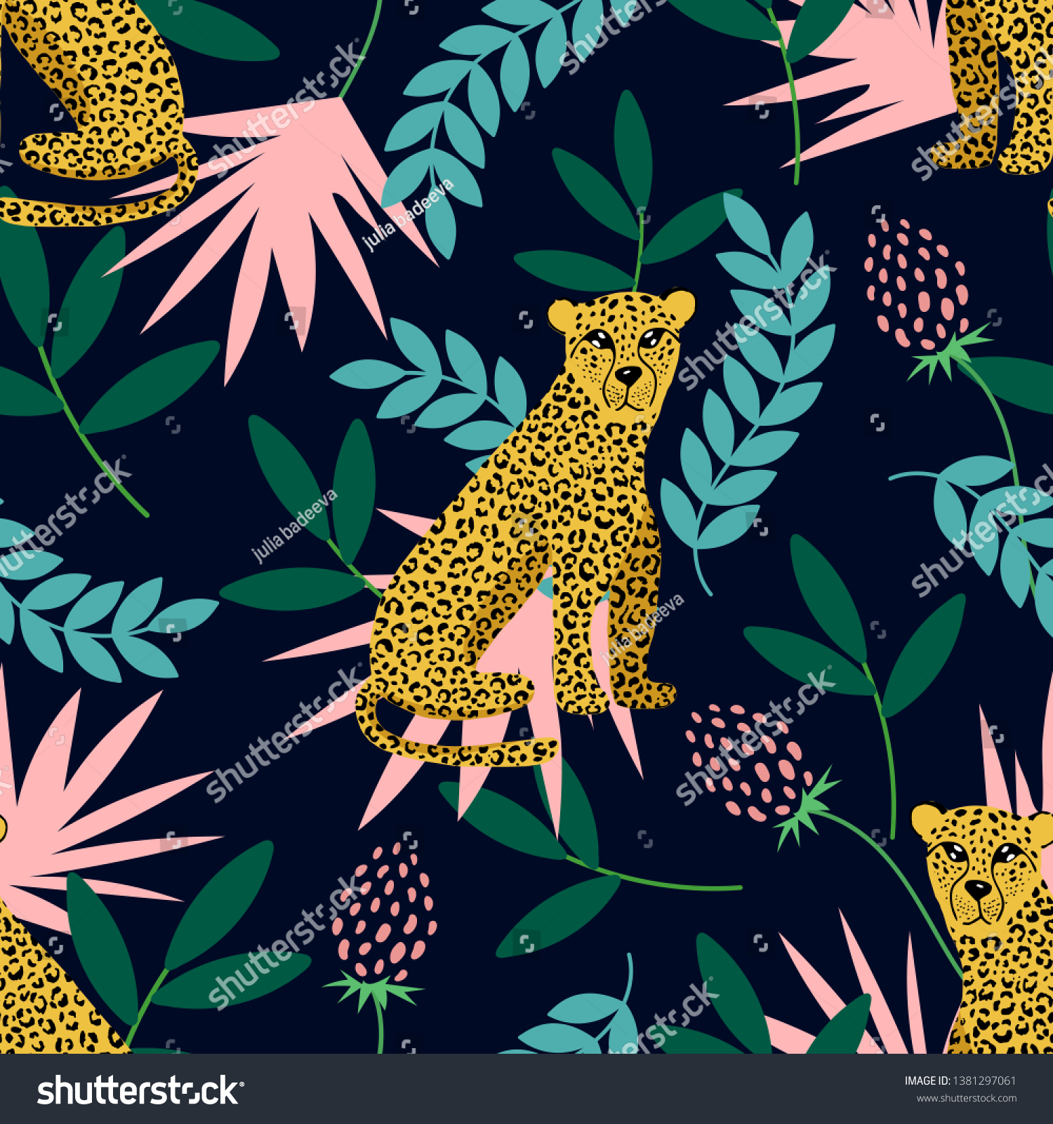 Seamless pattern with leopard and tropical leaves. Vector illustration ...