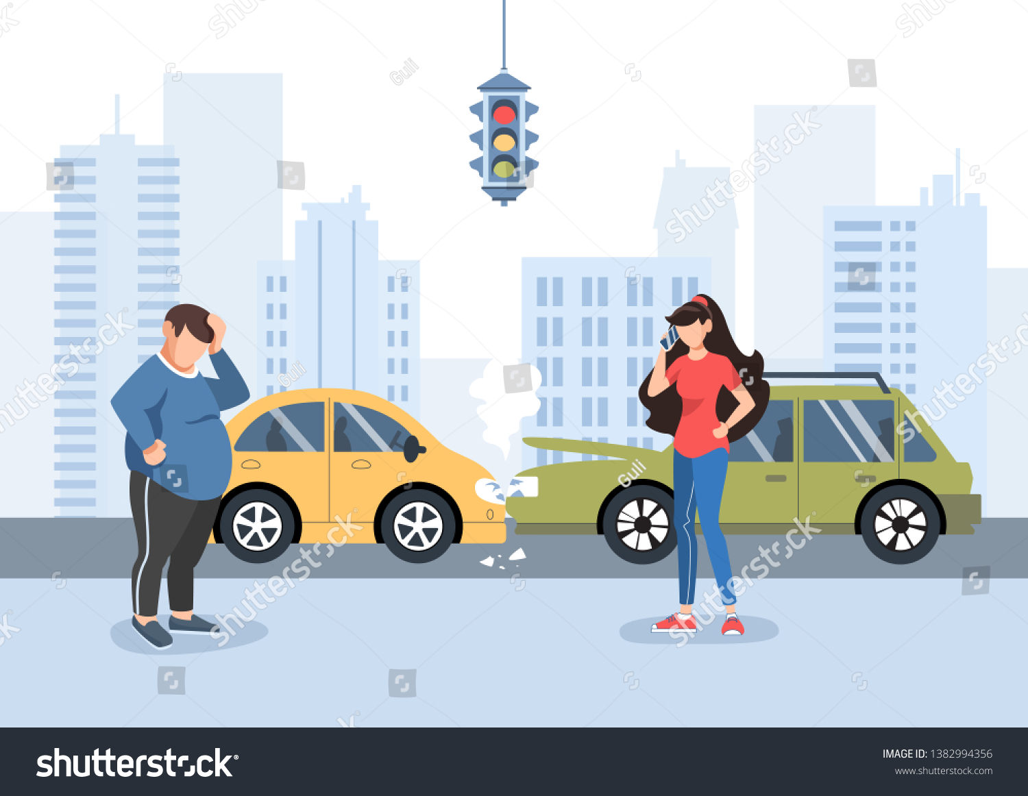 Man and girl had a traffic accident. Motor Insurance. Girl calling by cell phone. Flat vector illustration. Car accident in the city. Buildings background.
