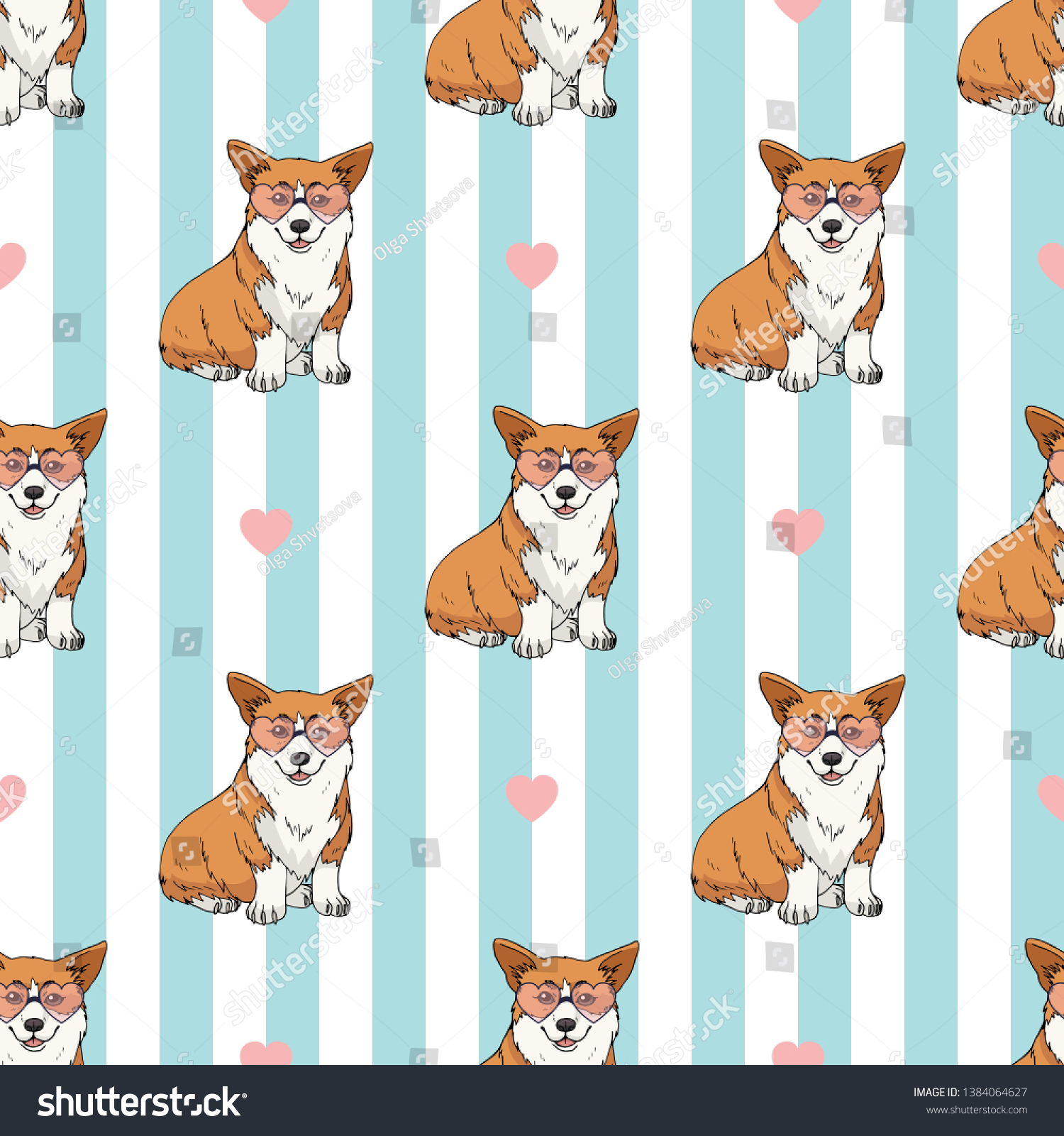 Seamless pattern with cute sitting pembroke welsh corgi wearing pink heart glasses on light blue and white striped background. Endless texture with funny cartoon dogs for your design