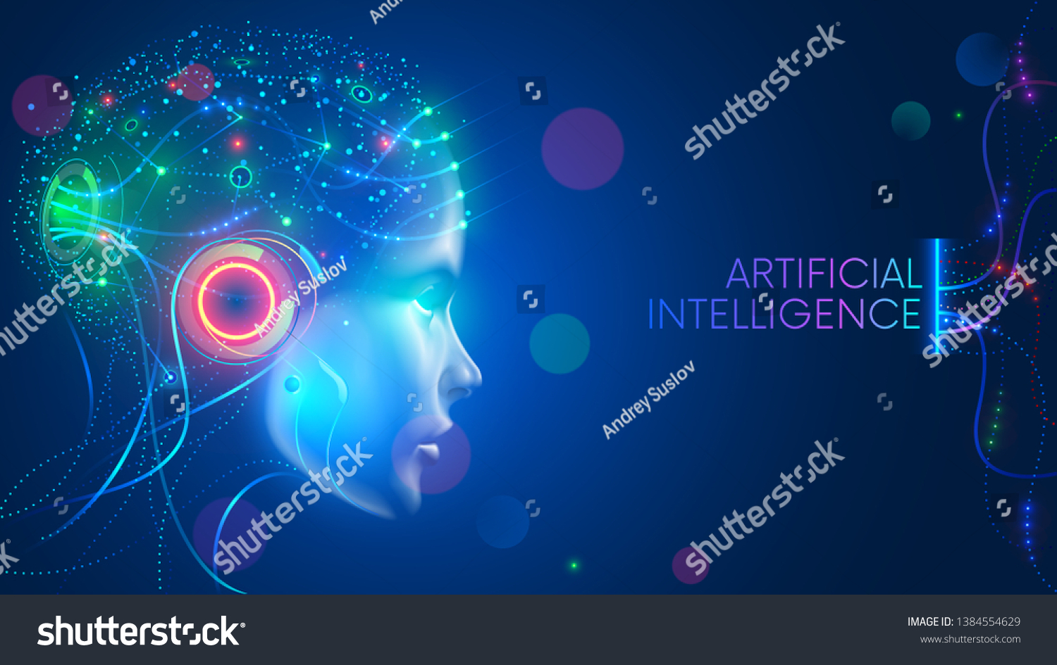 具有神经网络的人类头部人工智能思考。具有数字大脑的AI正在学习处理大数据 分析信息。网络思想的面孔。技术背景概念。